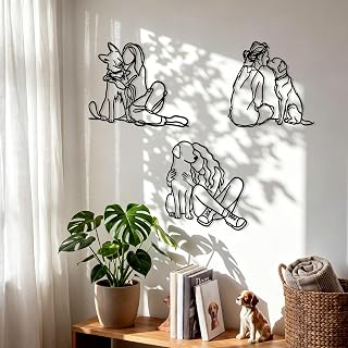 BrightRow 3 Pcs Dog Wall Art Pet Metal Line Drawing Decor, Puppy and Woman | Minimalist Abstract Black Modern Pet Sculptures Dog Lover Gifts for Living Room Bedroom Kitchen Wall Decorations