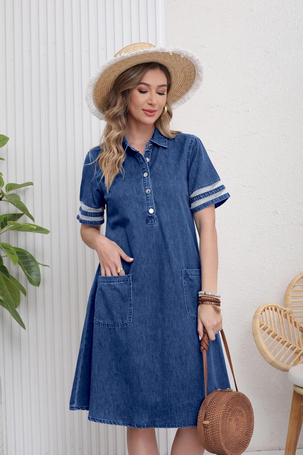 utcoco Denim Dress for Women 2025 Casual Tulle Short Sleeve Button Jean Midi Dress with Pockets - Image 3
