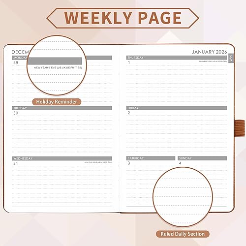Miniatura 3 de Agenda 2026, agenda semanal y mensual 2026, enero de 2026 a diciembre de 2026, 5.7 x 8.4 pulgadas, papel grueso, cubierta de cuero, soporte para