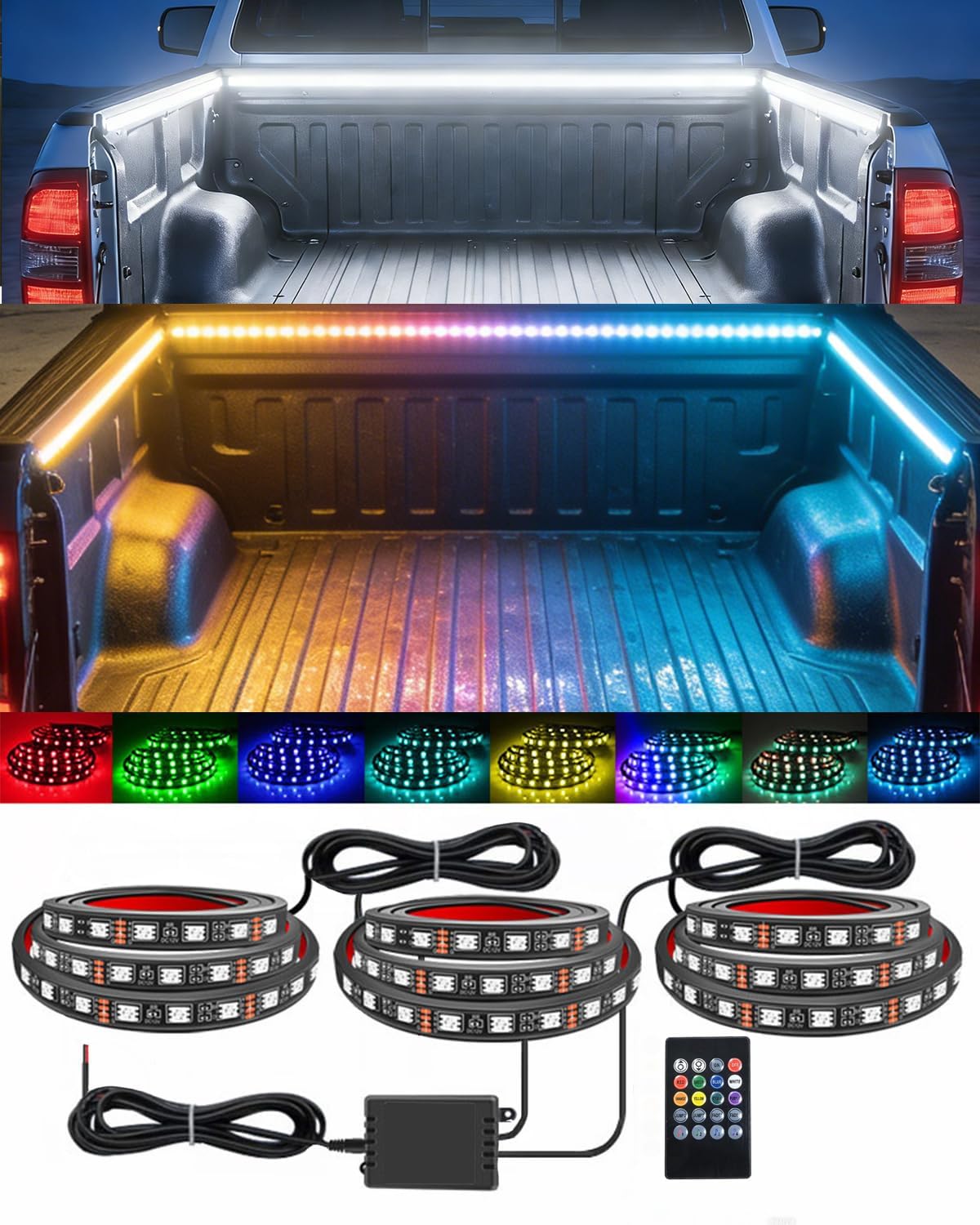 3PCS RGB Truck Bed Lights Kit - 1.5M 270pcs 5050 RGB LED Strips, 12V Remote (8 Colors/8 Brightness), 4 Flashing & 4 Music Sync Modes, IP65 Waterproof for Trucks/SUVs/RVs/Camping