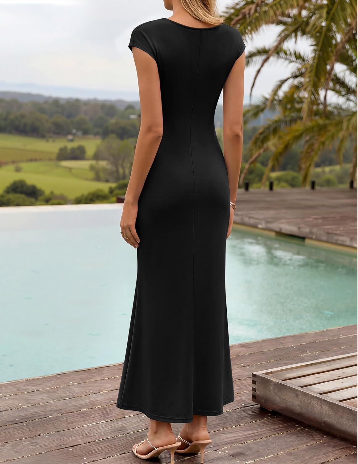 ZESICA Women's Summer Bodycon Maxi Dress 2026 Cap Sleeve Cowl Neck Elegant Ruched Wedding Guest Cocktail Formal Party Dresses - Image 3
