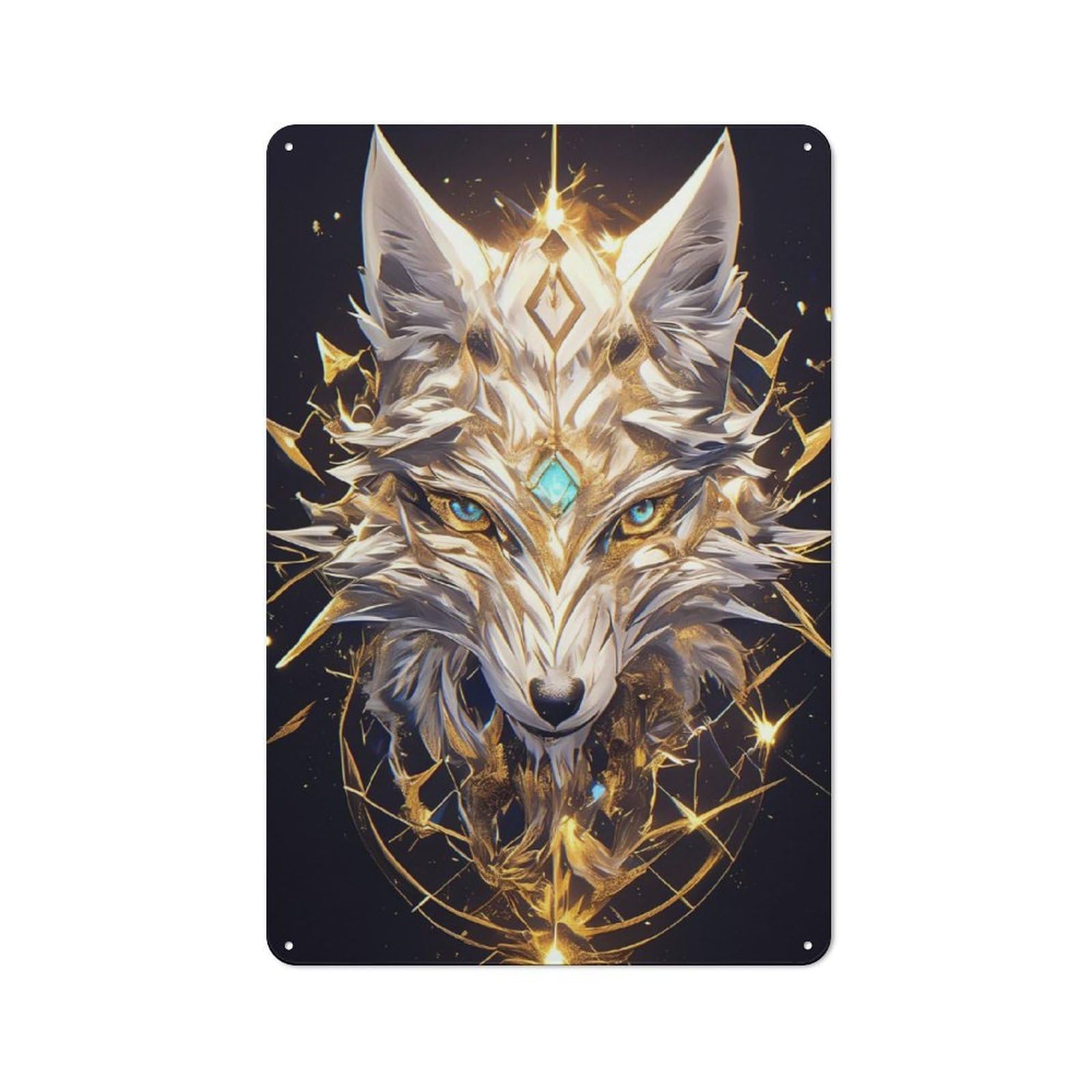Junmoney Style-16 Casual Golden Wolf With Turquoise Gem Garden Room Metal Sign 30X20cm, Porch Wall Decor For Conservatory, Home Bar Or Utility Room