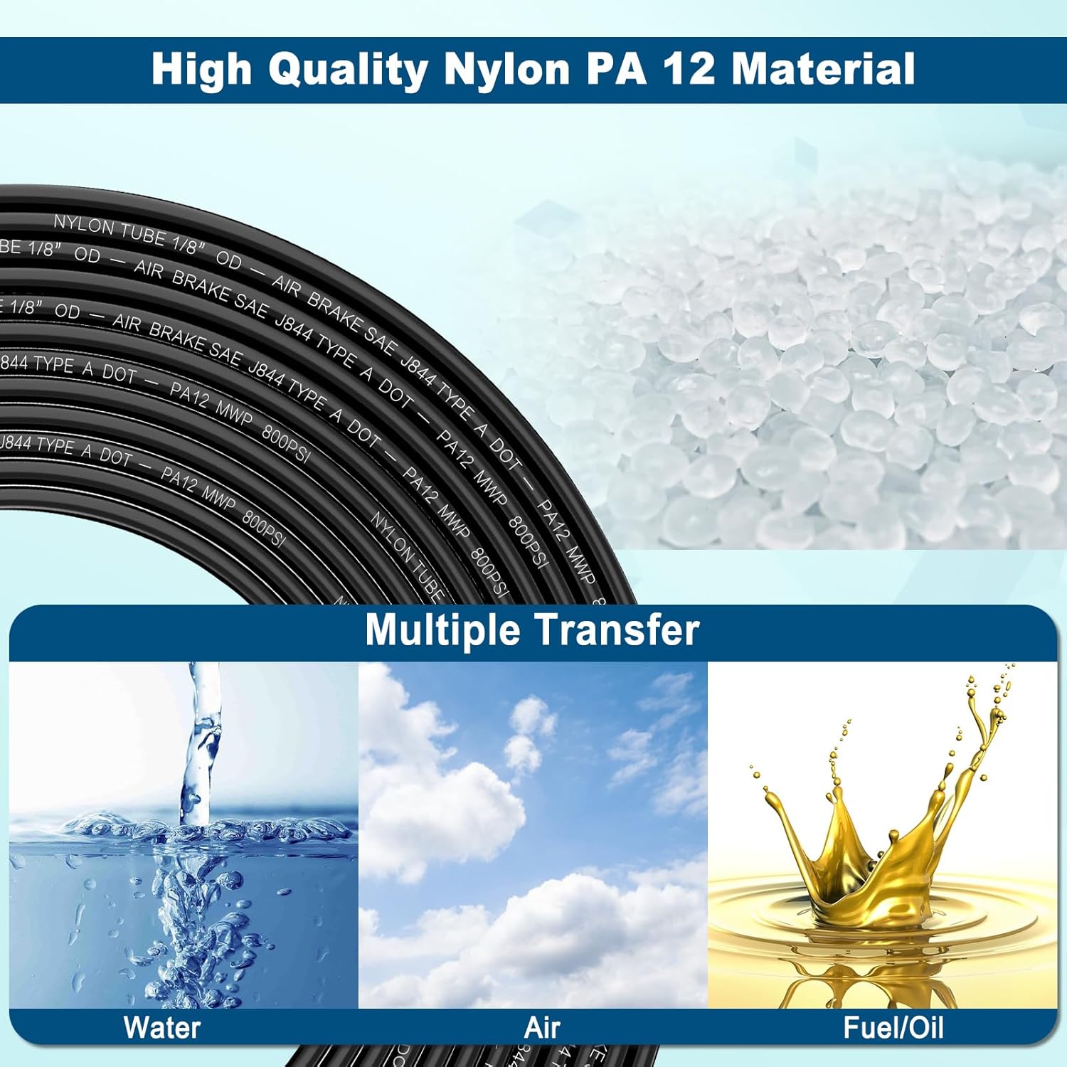 50FT 1/8 DOT Air Line SAE J844 PA12 Nylon Air Hose with Cutter 1/8” OD Pneumatic Tubing DOT Approved 1/8 Air Brake Hose for Air Suspension Kit Truck Trailer Brake System & Fluid Transfer 15.5m