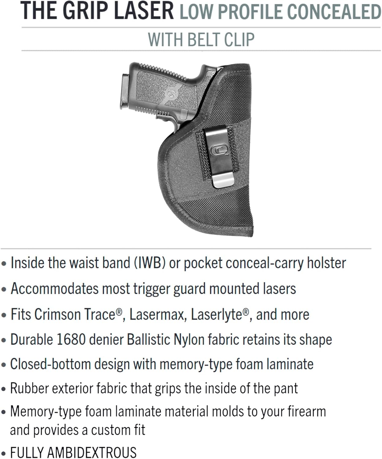 The Grip Clip Laser IWB Ambidextrous Low Profile Pistol Holster - Small Convenient Durable Concealed Carry Inside The Waistband Handgun Holster for Right/Left Handed Shooters