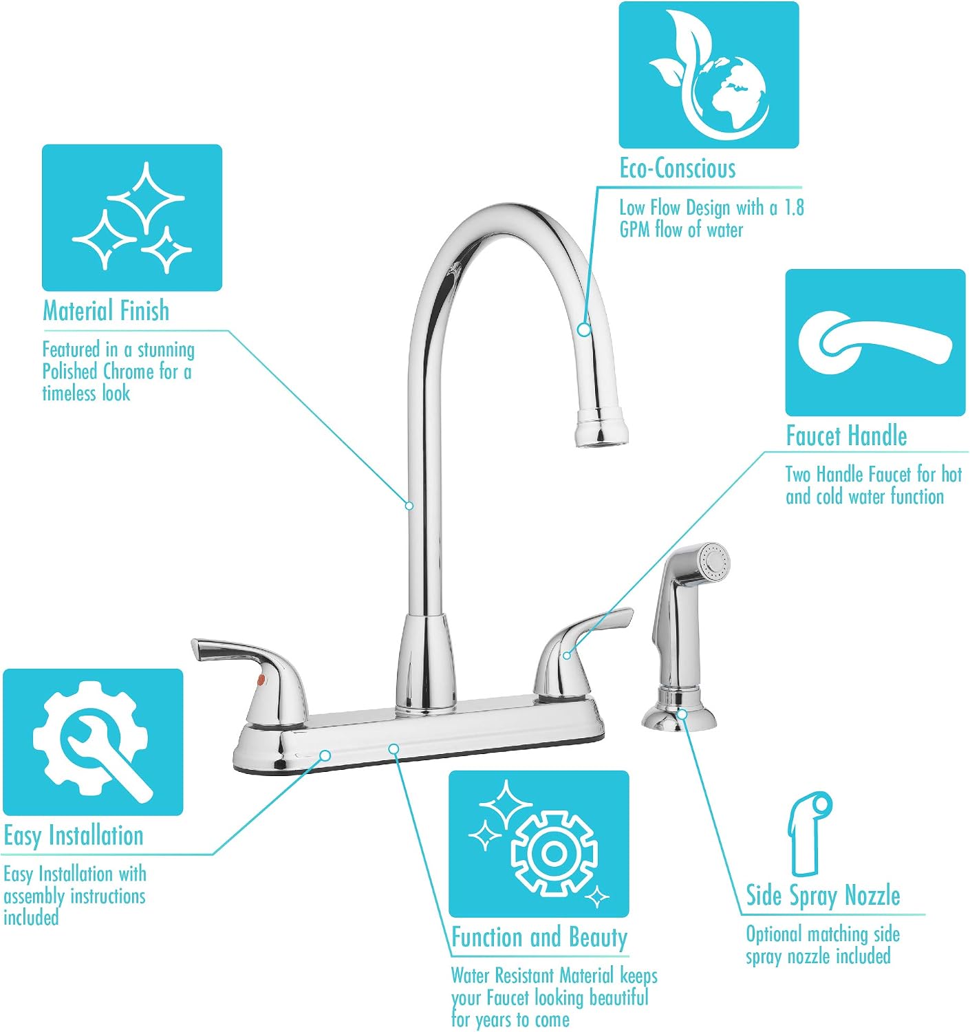 Exclusive Discount 🔥 Aqua Vista 21-K822-AVD Kitchen Sink Faucet with Side Spray, Polished Chrome High Arc