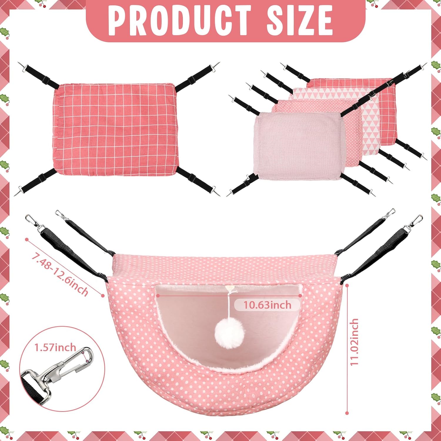 Unittype 4 Pieces Cat Cage Hammock Hanging Pet Bed Double Layer Soft Plush Hanging Pet Comfortable Hammock Bed for Indoor Kitten Ferret Hamster Rabbit or Small Animals, 4 Styles(Pink Dots)