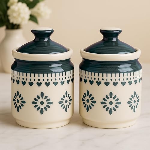 Classyo Ceramic Storage Containers - 600 ml, Salt Container, Pickle Jar with lid, Ceramic Jars for Kitchen Storage for Achar and Namak (Gray Floral, Set of 2)