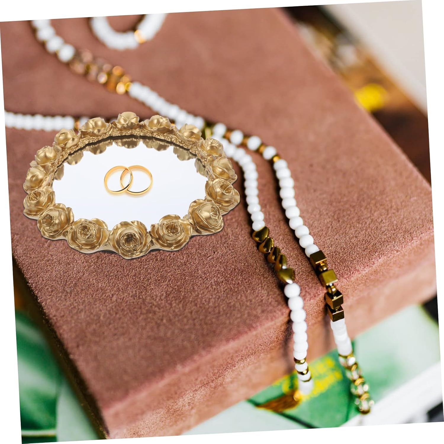 VOSAREA Elegant Mirror Decorative Tray Multifunctional Jewelry and Makeup Organizer for Dresser Home Decor and Food Display Stylish Rose Pattern