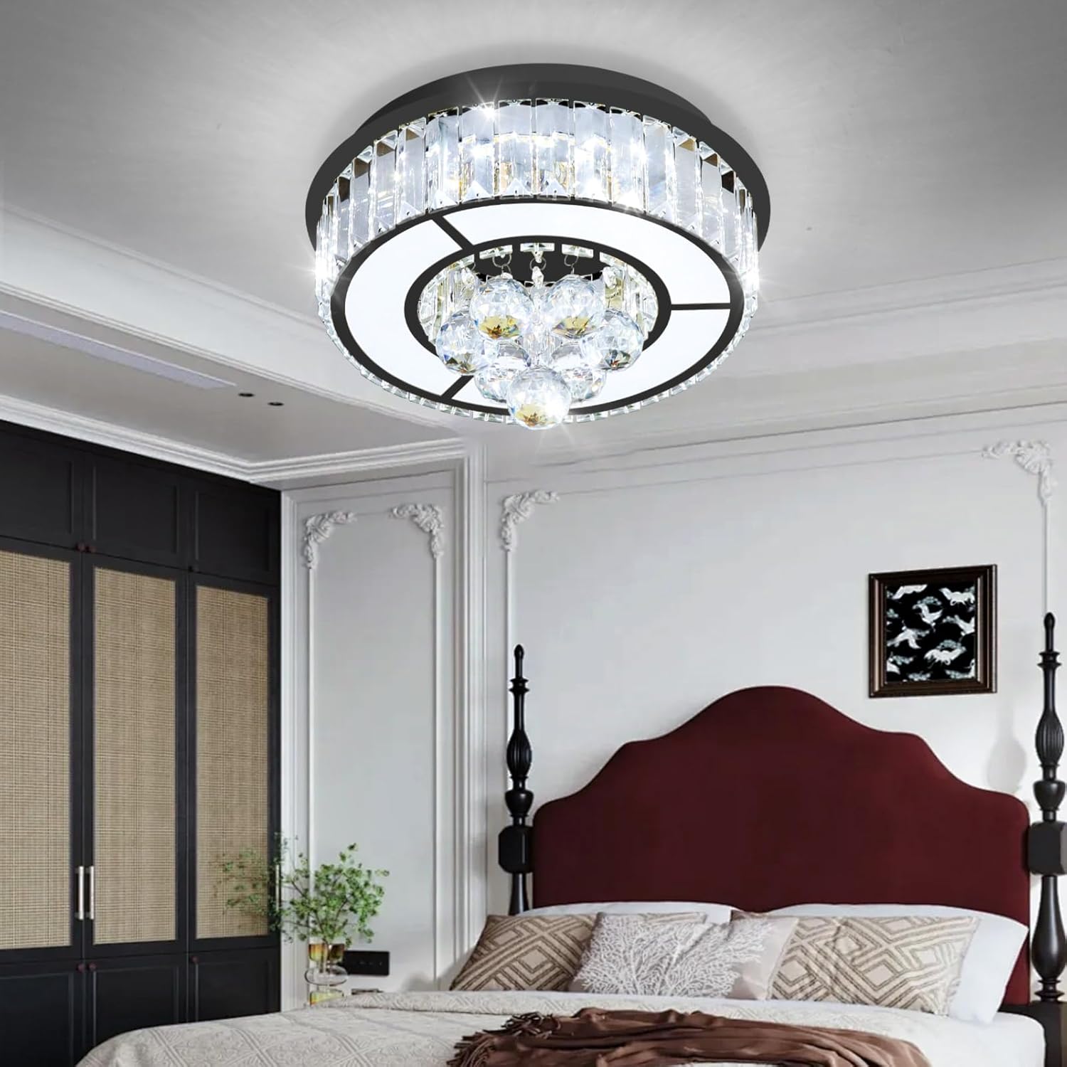 11.8'' Black Modern Crystal Chandeliers for Dining Room LED Dimmable Light Fixtures Flush Mount Light Living Room Bedrooms