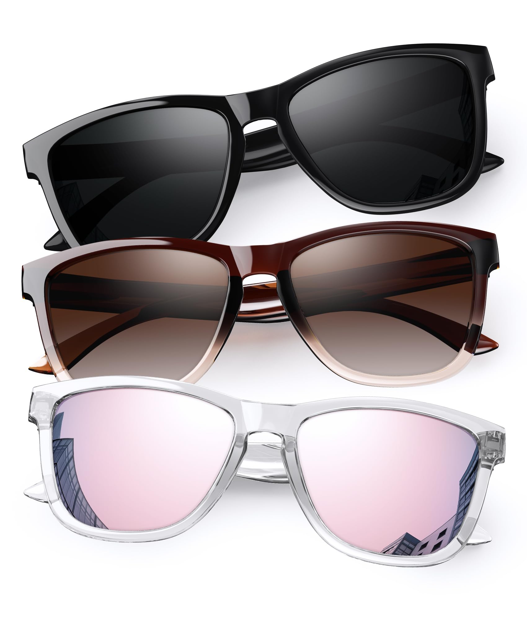 Sunglasses Womens Polarized Trendy Retro Sun Glasses UV400 Protection | Unisex Fashion Sunnies Lightweight Comfortable for All-Day Wear for Daily Wear, Outdoor, Driving, Travel, Beach Black + Gradient Brown + Clear Pink