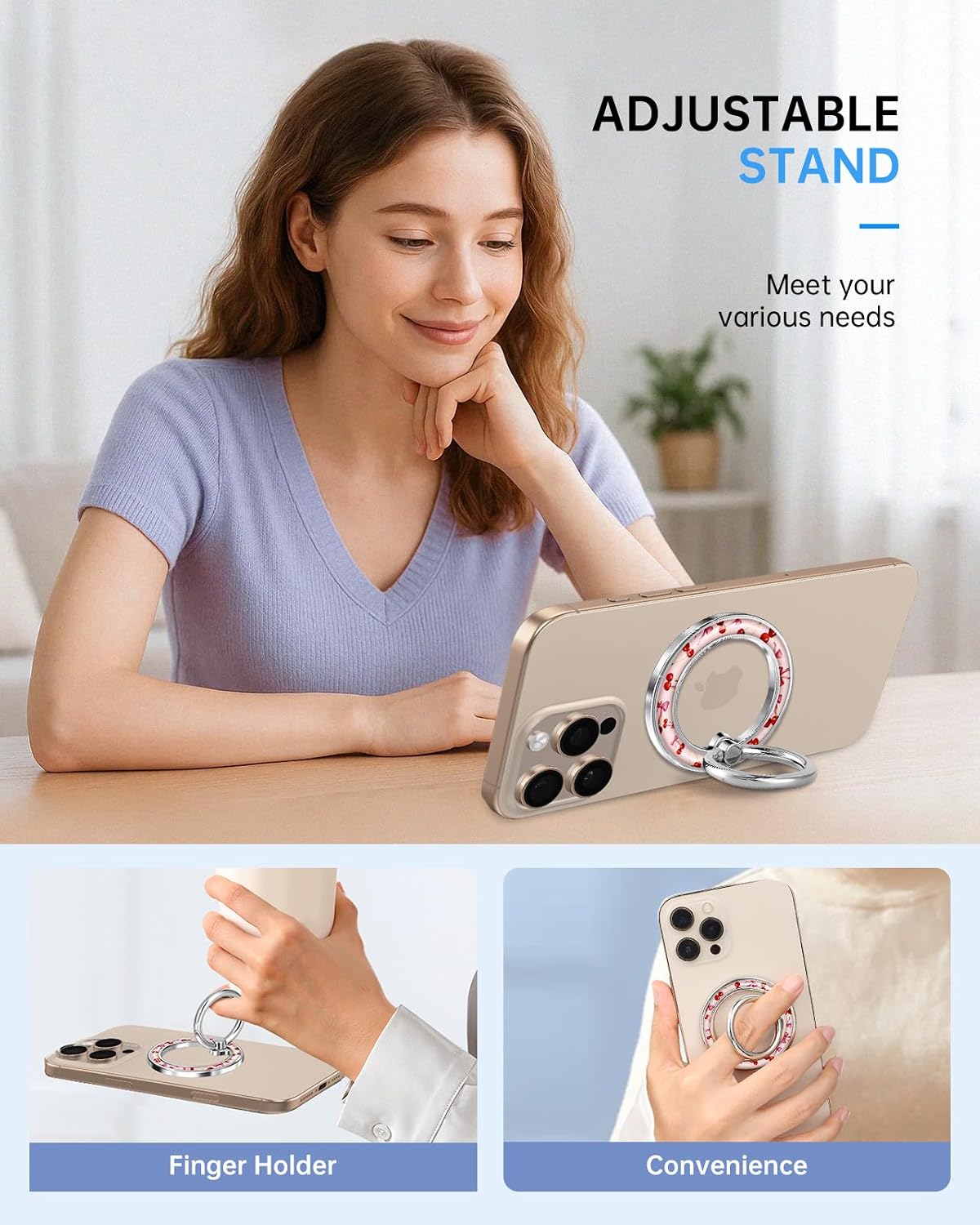 Magnetic Phone Ring, Compatible with MagSafe Phone Grip, Cherry Bow image 4