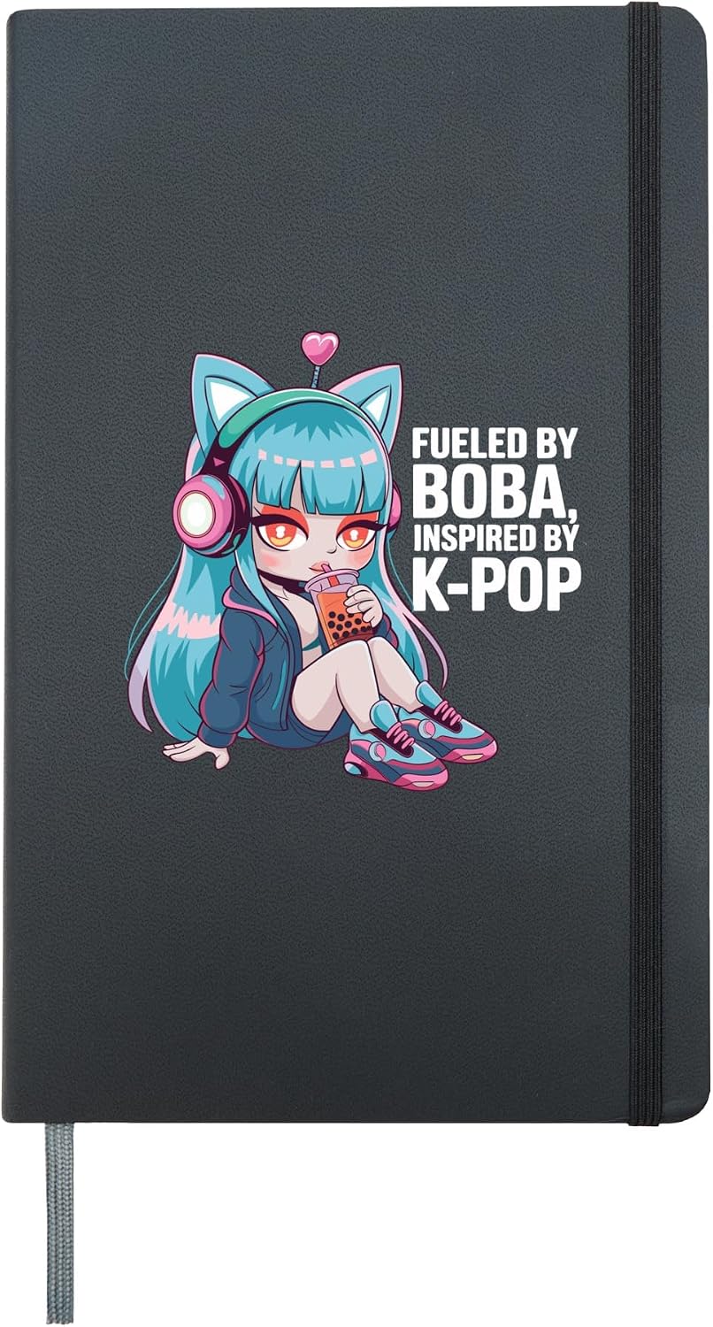 Fueled By Boba, Inspired By K-Pop Anime Hardcover Journal, Black