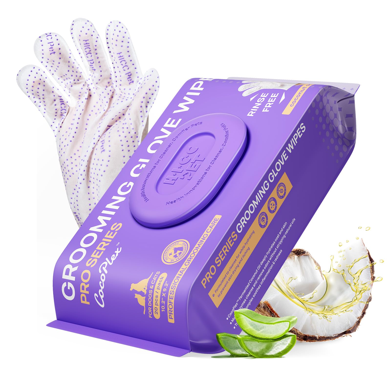 HICC PET Lot de 20 lingettes nettoyantes désodorisantes pour chiens et chats, série Pro, hypoallergéniques pour animaux de compagnie, gants extra épaisses à double texture pour pattes, visage
