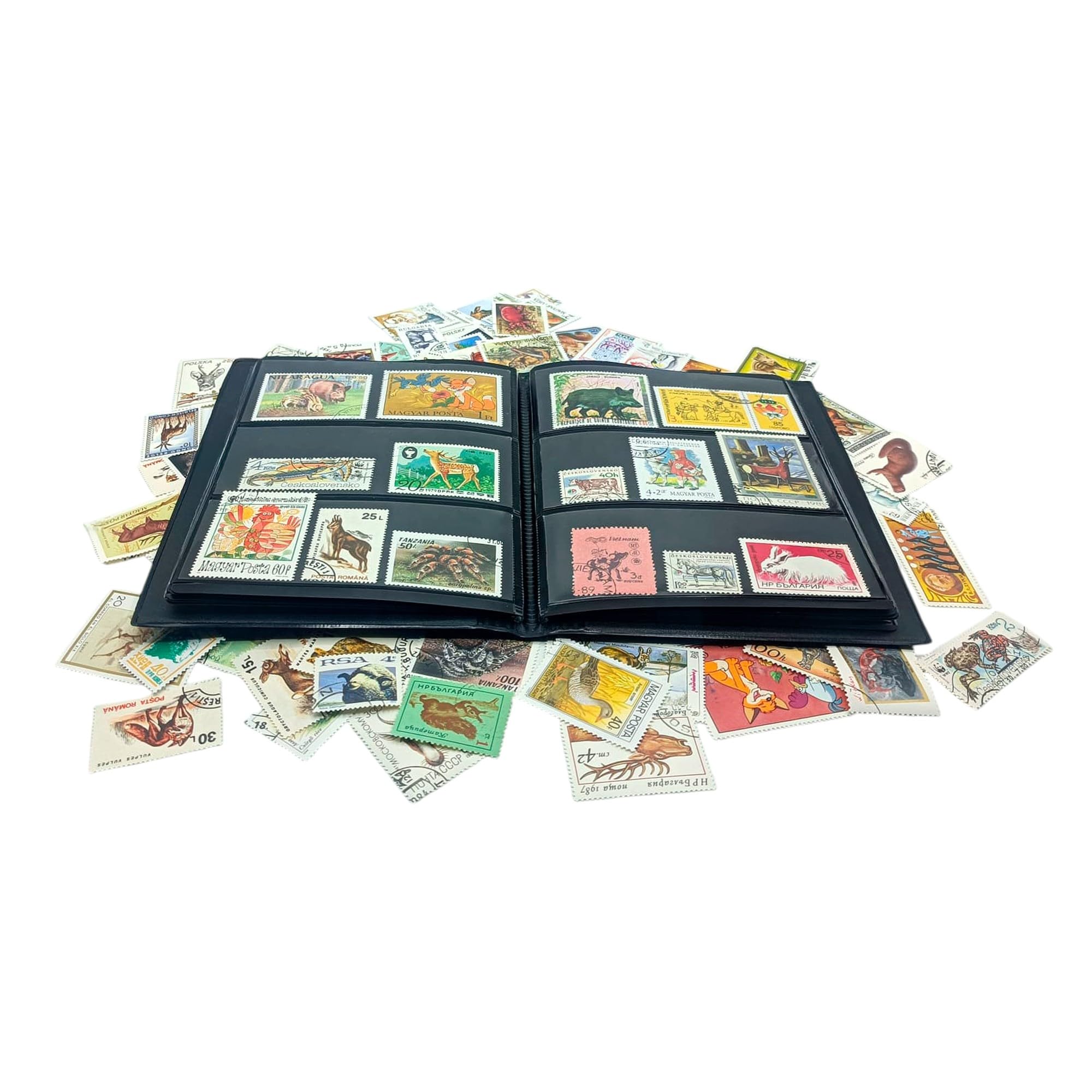 Collection Impacto De 100 Timbres Animaux Avec Album – Couverture Simili Cuir – Format 14 X 18 Cm – Cadeau Philatélie