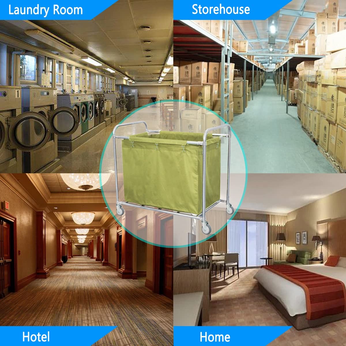 SDdPulse Carrito de lavandería de acero inoxidable resistente con ruedas – Cesta de lavandería comercial con bolsas extraíbles y asa – Cesta clasificadora móvil para uso doméstico y hotel, azul-W