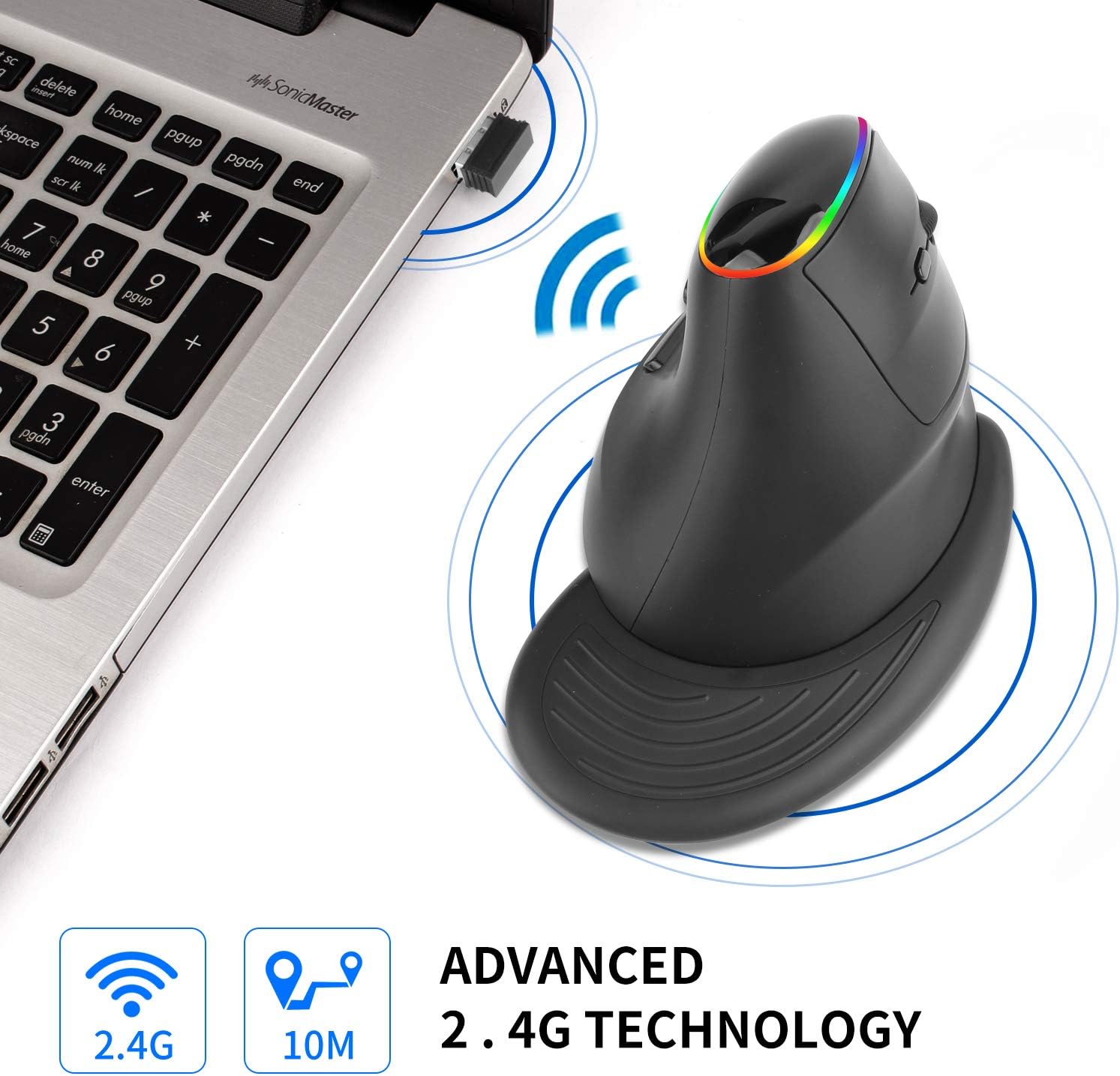 Wireless Mouse,2.4G Wireless Vertical Ergonomic Optical Mice, 2400 DPI, 5 Buttons for Laptop, Desktop, PC, MacBook,Removable Palm Rest & Thumb Buttons Reduces Hand/Wrist Pain.