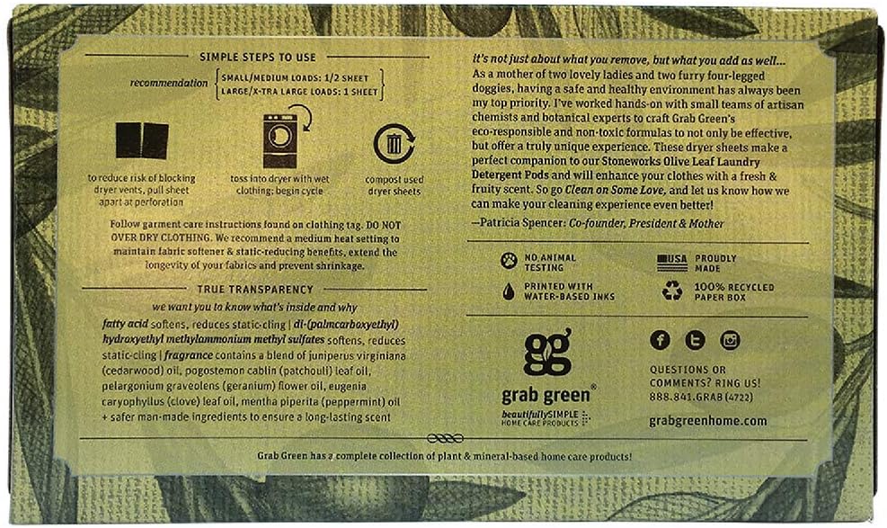 Grab Green Stoneworks Cruelty-Free Dryer Sheets | Softens Fabrics, Freshens Clothing & Reduces Static-Cling and Wrinkles | Plant Based | Olive Leaf Scent (160 Sheets)
