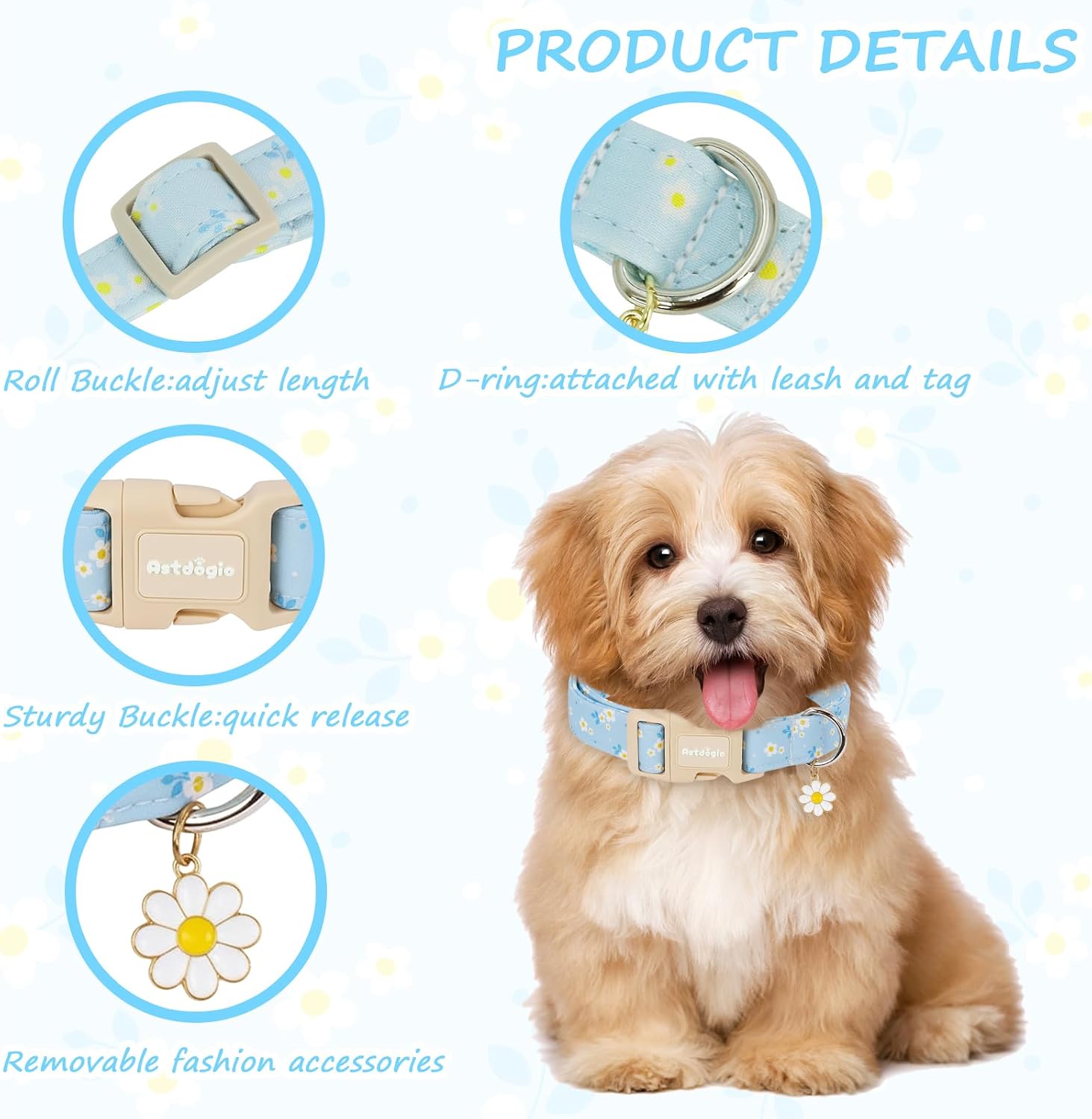 Dog Collar for Small Medium Large Dogs, Spring Blue Dog Collars with White Flowers, Adjustable Cotton Dog Collars, Cute Girl or Boy Dog Collar Ideal for Gifts,Pet Accessory,S image 3