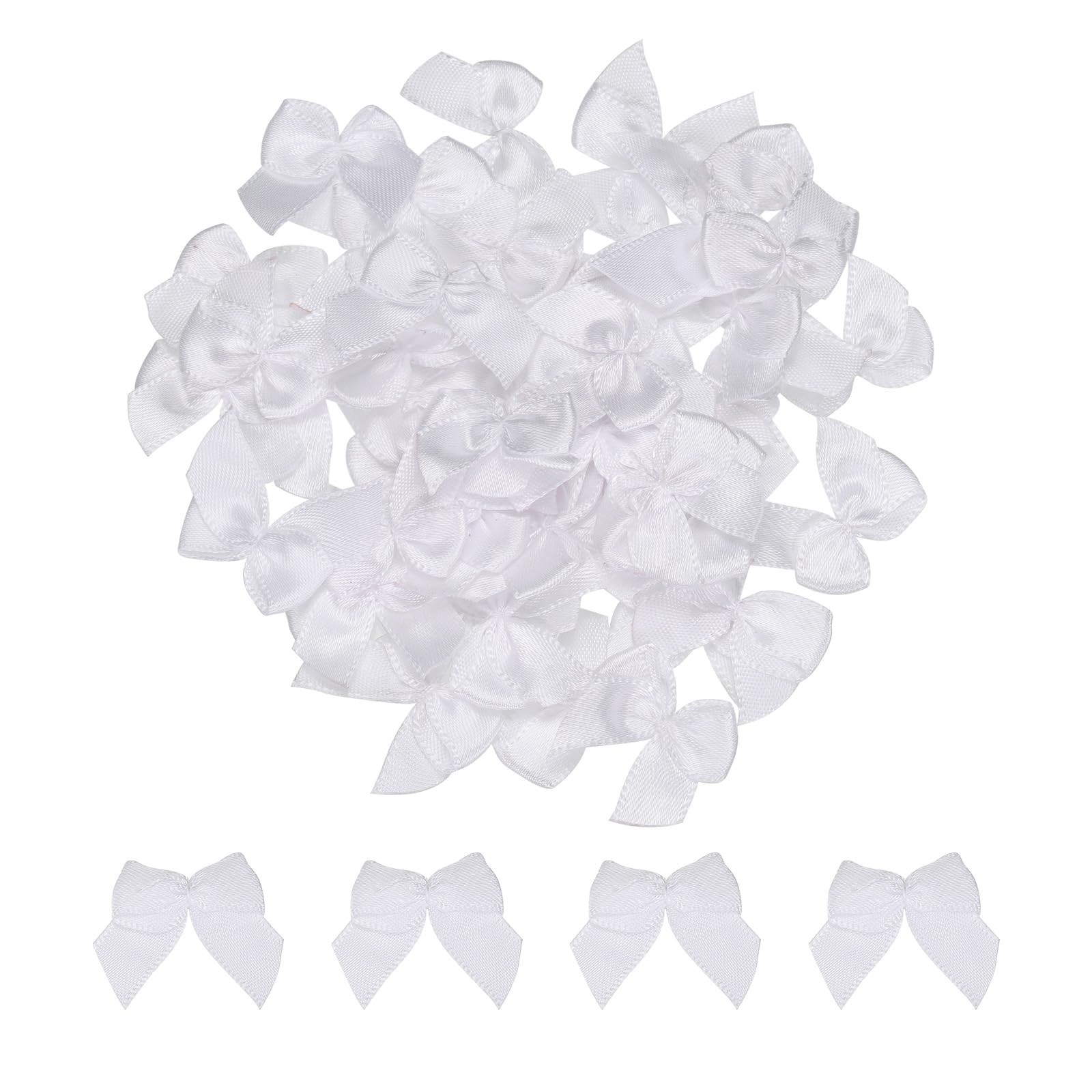 MECCANIXITY 100Pcs Mini Ribbon Bow 1" Mini Fabric Satin Ribbon Flower Bows for Craft DIY Sewing Wedding Birthday Party White