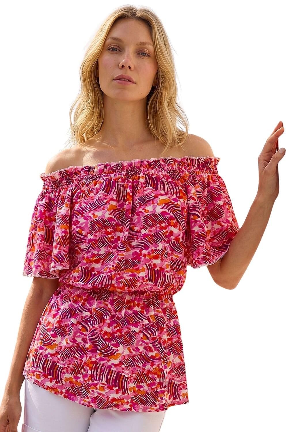 Roman Originals Abstract Print Bardot Top for Women UK - Ladies Everyday Holiday Spring Summer Comfy Soft Evening Vacation Work Party - Pink - Size 14