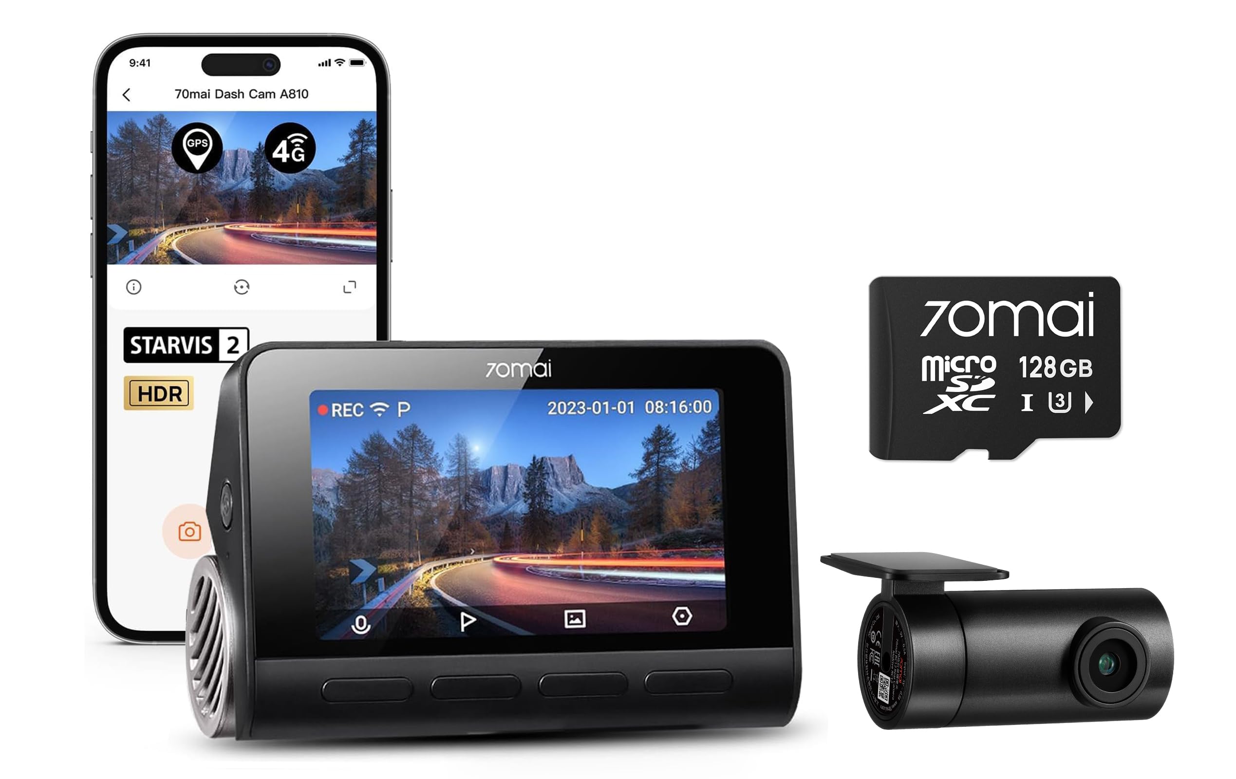 New 4K Dash Cam A810 with Sony Starvis 2 IMX678 & 70mai Micro SD Card (128GB)