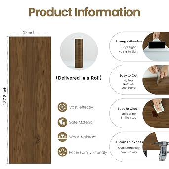 Peel and Stick Floor Tile Wood Vinyl Flooring Roll 11.8in X 137.8in