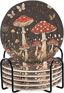Red Mushrooms Puffball Brown Coasters for Office Set with Holder 6 Pack Coasters for Drinks Kitchen Decor