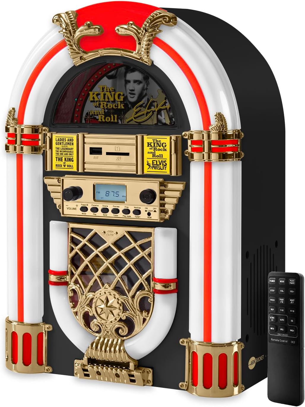 Arkrocket x Elvis Presley Mini Jukebox/Tabletop CD Player/Bluetooth Speaker/Radio/USB and SD Card Player with Retro LED Lighting System (Limitied Edition), Black Gloden