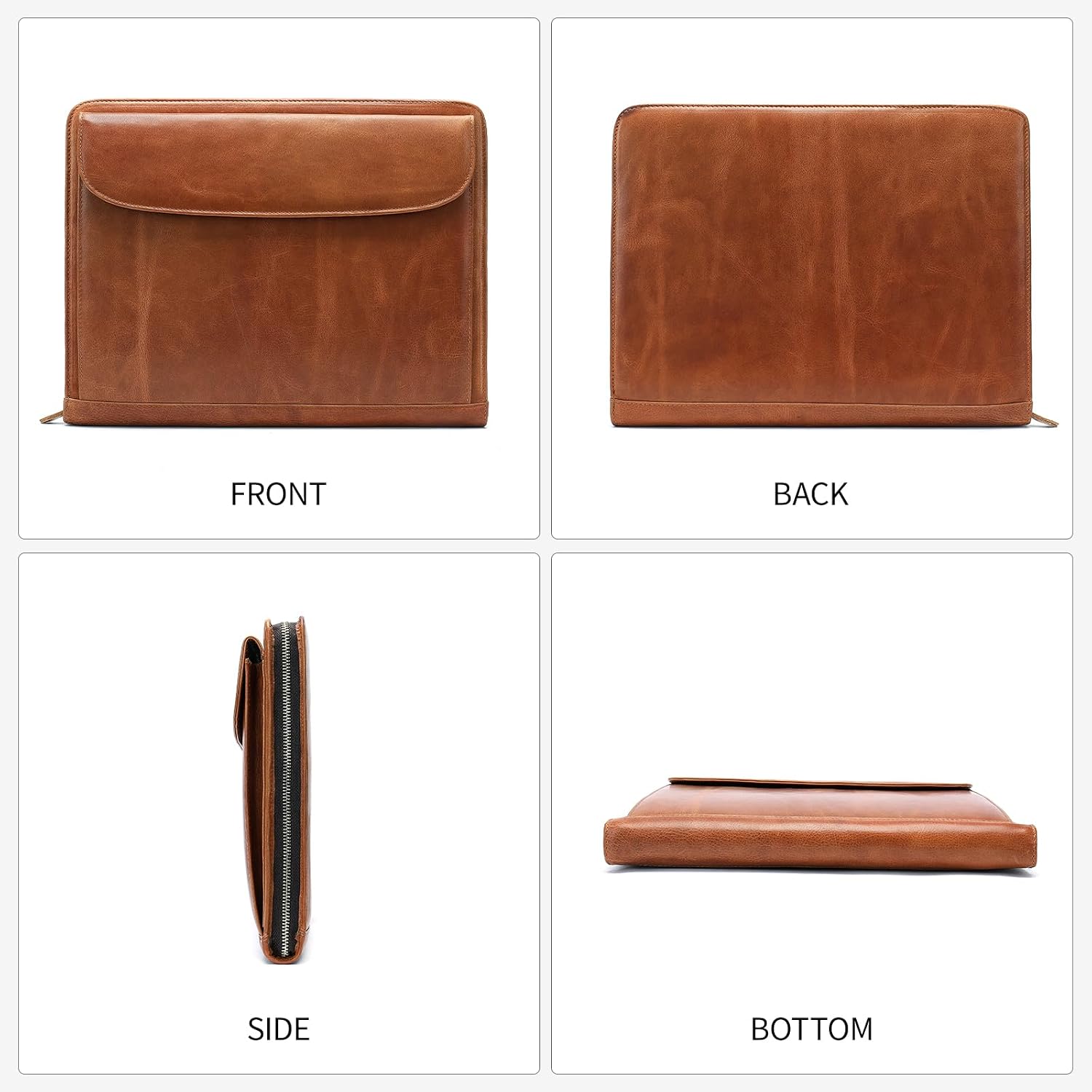 Genuine Leather Portfolio for Men Women Zipper Business Resume Padfolio Organizer Binder A4 Meeting Folder13 inch brown