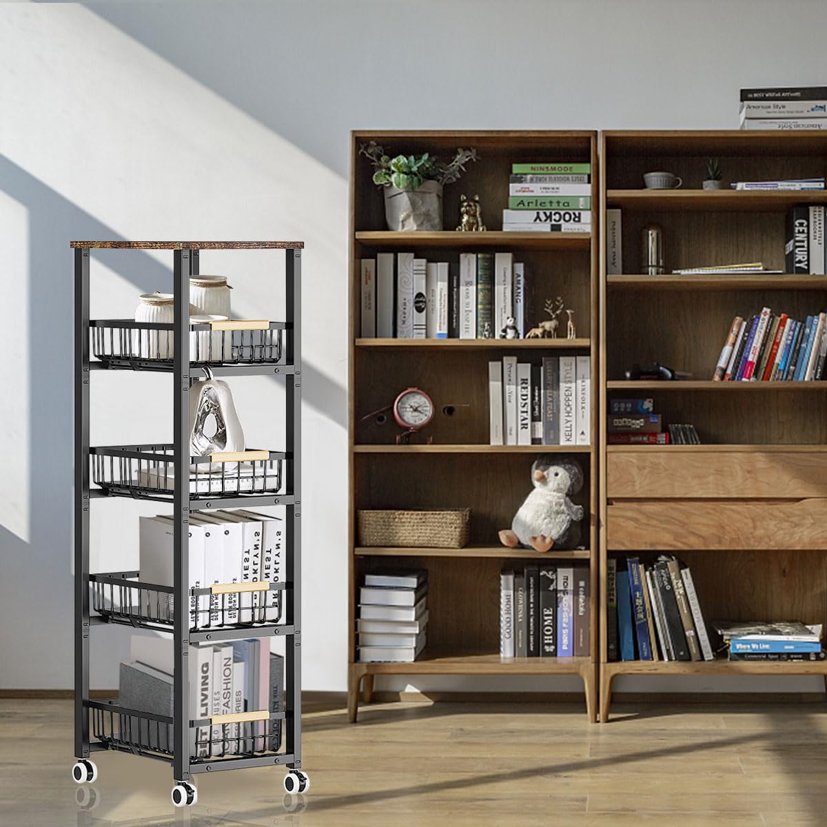 Carrito Auxiliar con Ruedas 5 Niveles – Carro de Cocina o Baño con Cestas Extraíbles, Estantería Metálica Negra, 40x30x107,5 cm, Organizador Multiusos