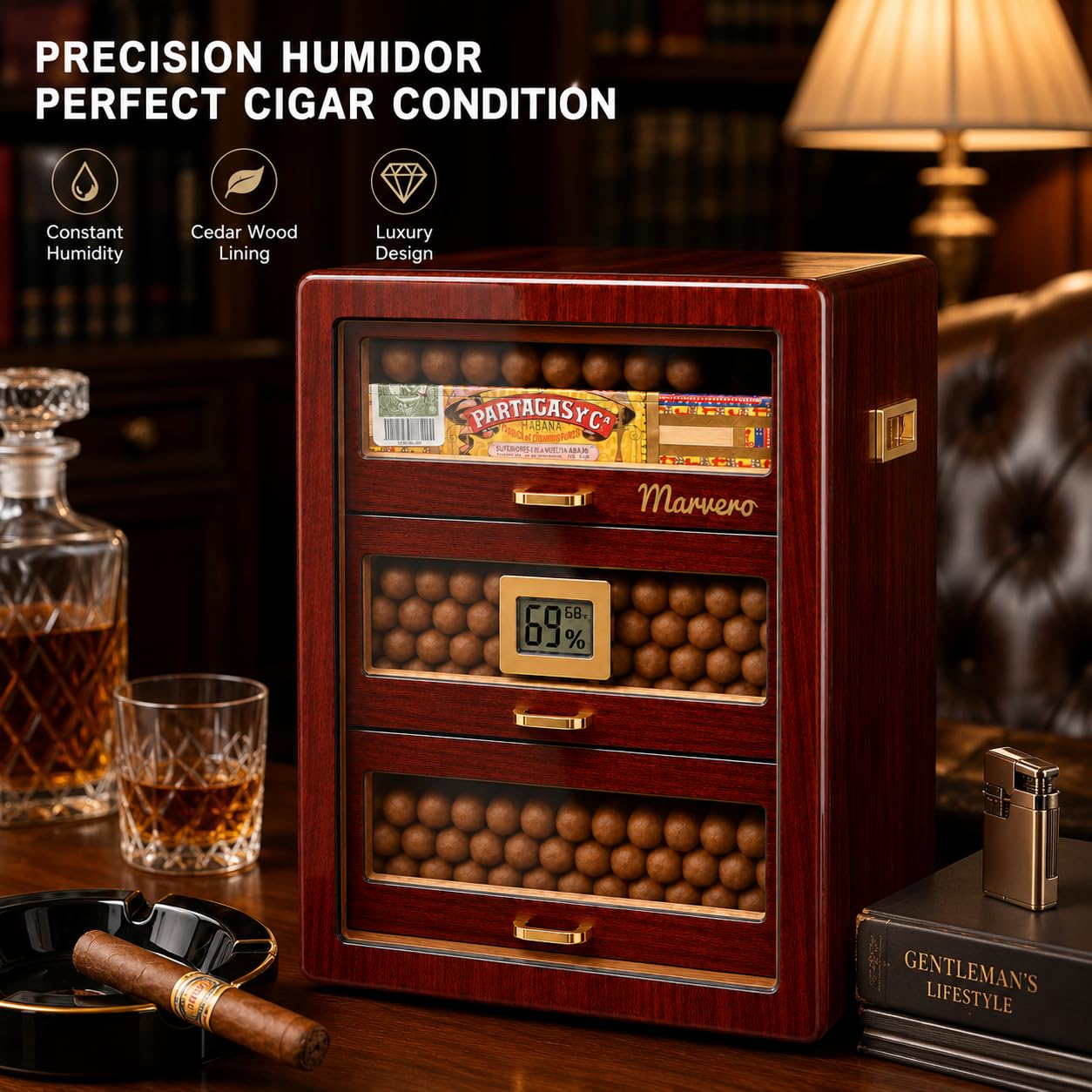 Humidor per sigari artigianali, sigari Humidor per sigari in legno di cedro per 150 sigari con igrometro digitale, 3 cassetti grandi, 3 umidificatore sigari