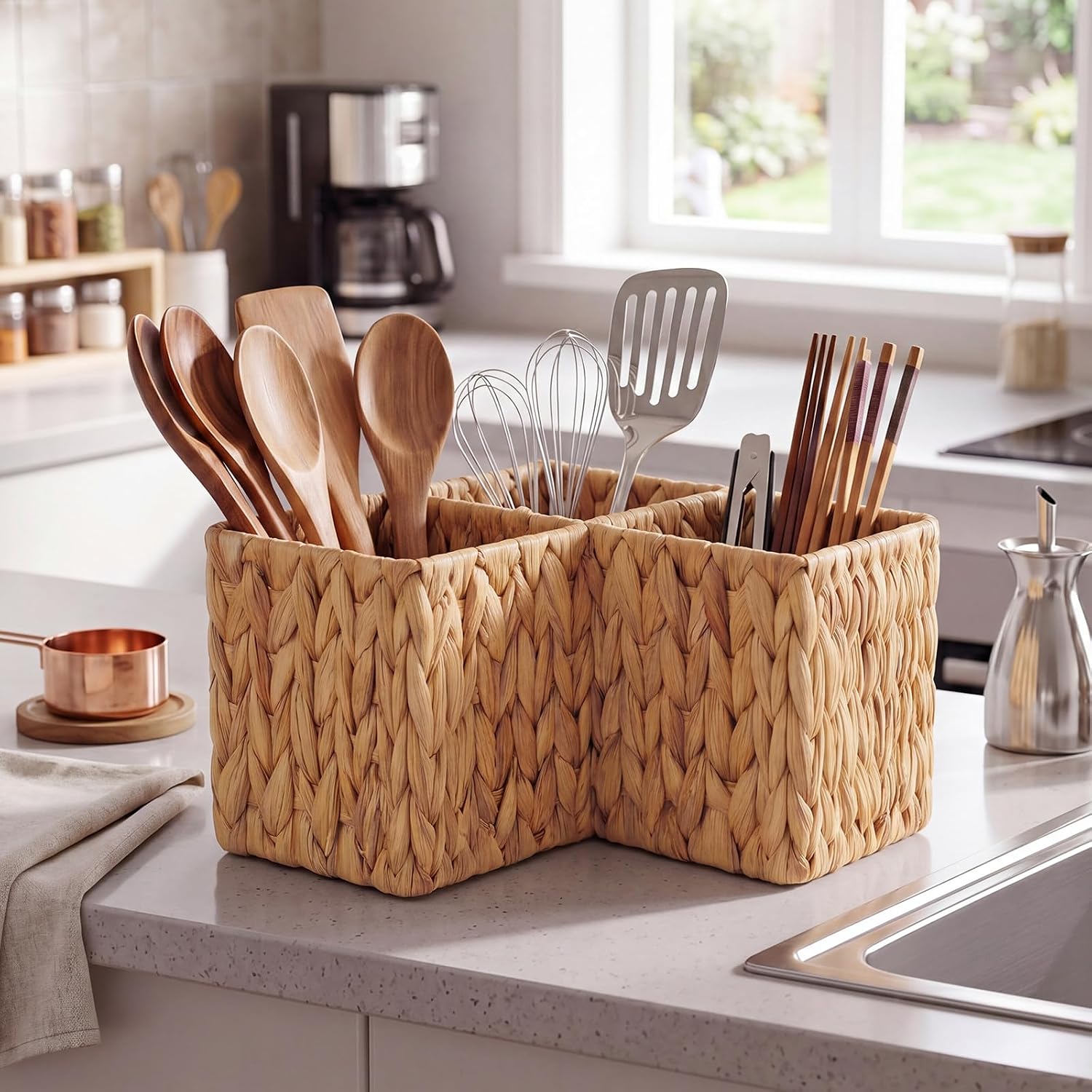 Woven Wicker Kitchen Utensils Caddy with 3 Compartments, 9.45 x 9.45 x 6.3 Inch Water Hyacinth Cutlery Holder for Countertop Wicker Silverware Flatware Organizer