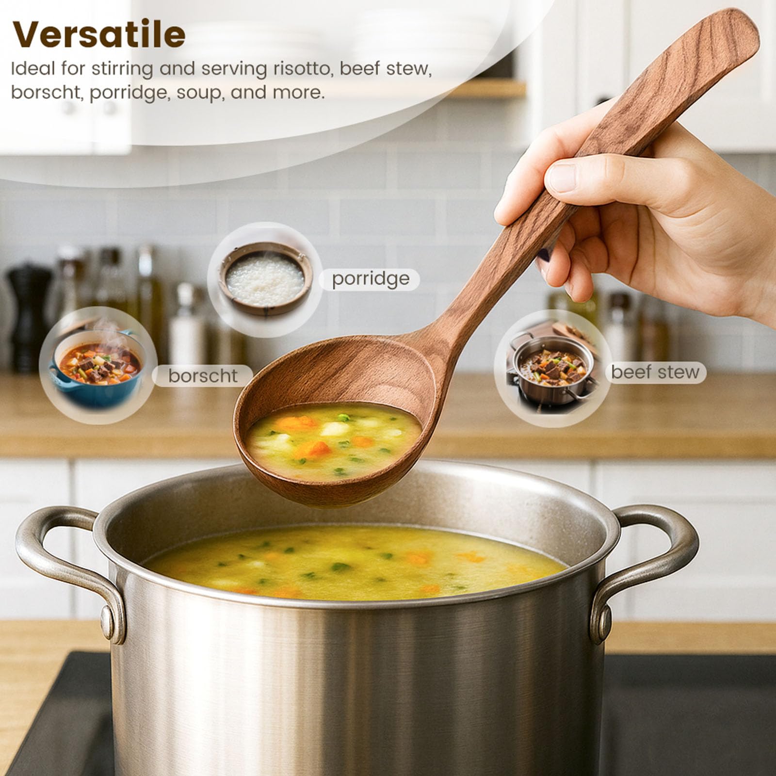 HANSGO Cucharón de madera, cucharas de madera antiadherentes de 9 pulgadas, cucharas de cocina para sopa, para revolver, servir y cocinar