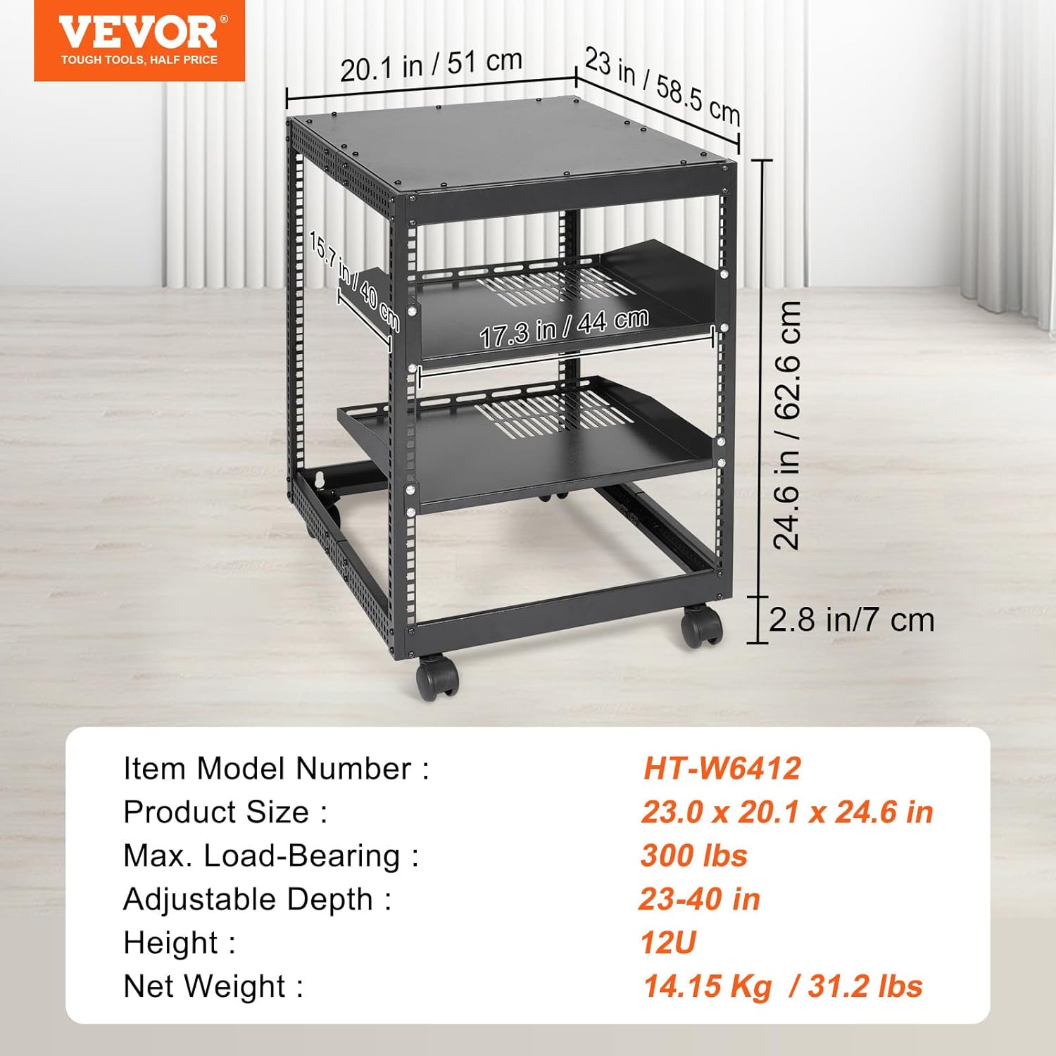 VEVOR 12U Open Frame Server Rack, 23-40 in Adjustable Depth, Free Standing or Wall Mount Network Server Rack, 4 Post AV Rack with Casters, Holds All Your Networking IT Equipment AV Gear Router Modem - Image 7