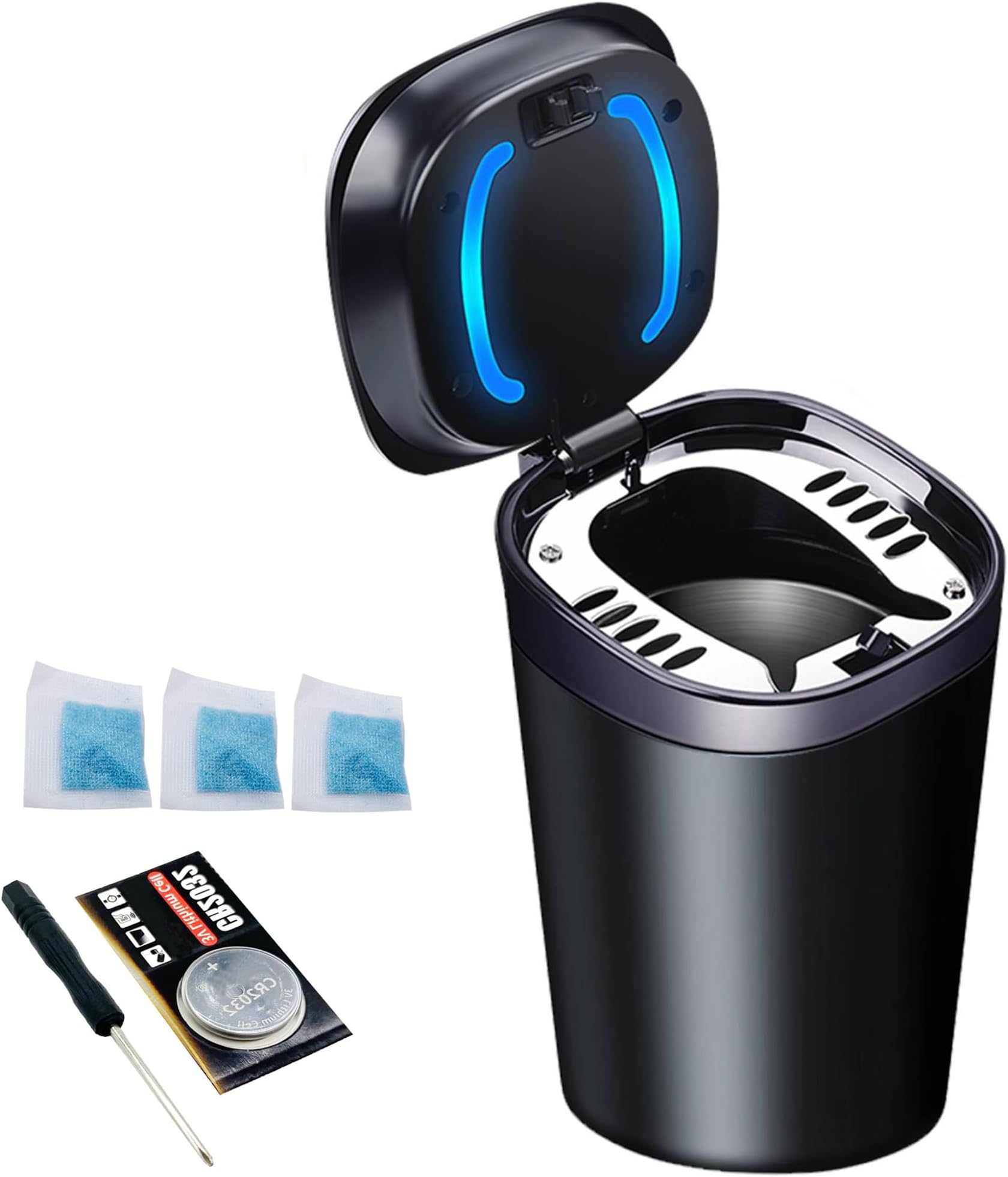 Car Ashtray with Lid Smell Proof, Smokeless Ashtray, Mini Car Trash Can, Detachable Stainless Steel Ash Tray with Lid and LED Blue Light
