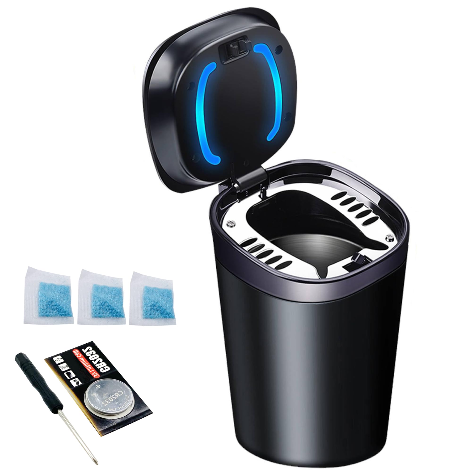 Car Ashtray with Lid Smell Proof, Smokeless Ashtray, Mini Car Trash Can, Detachable Stainless Steel Ash Tray with Lid and LED Blue Light