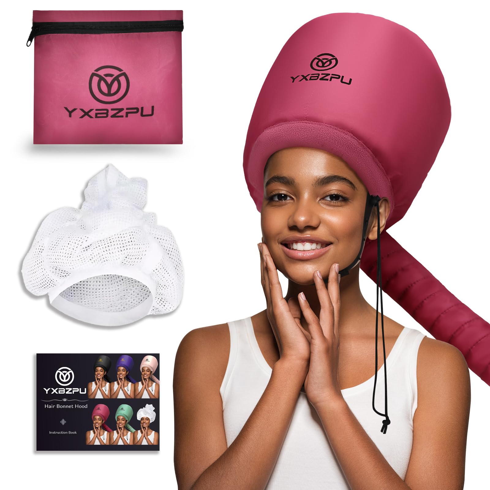 Hooded Hair Dryer, Bonnet Hair Dryer Hooded Diffuser Cap for Curly, Speeds Up Drying Time, Safety Deep Conditioning at Home (Rose Red)
