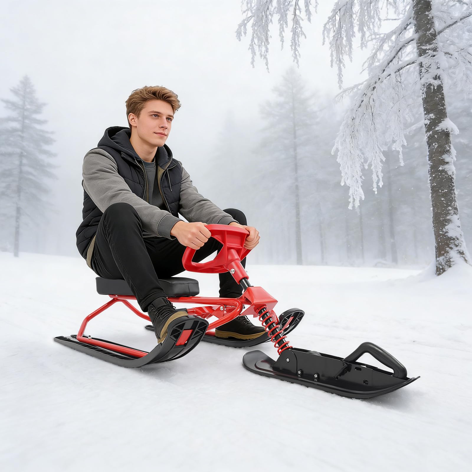 Lenkschlitten für Kinder,Skischlitten Snowboard für Kinder ab 5 Jahren,mit Lenkrad und Bremse, 100kg Tragfähigkeit,Gepolsterter Sitz,Skifahren,für Ausflüge,Höfe