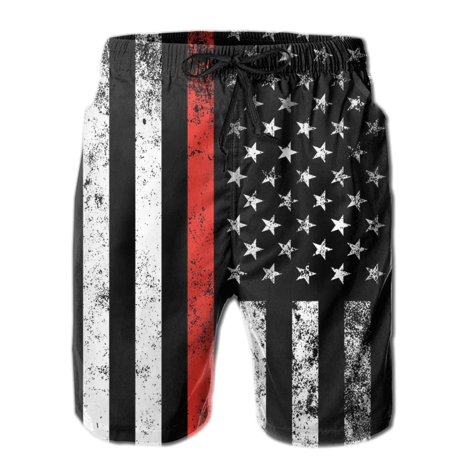 Mens Firefighter Thin Red Line American Flag Swim Trunks Beach Board Shorts Quick Dry Bathing Suits Holiday Shorts