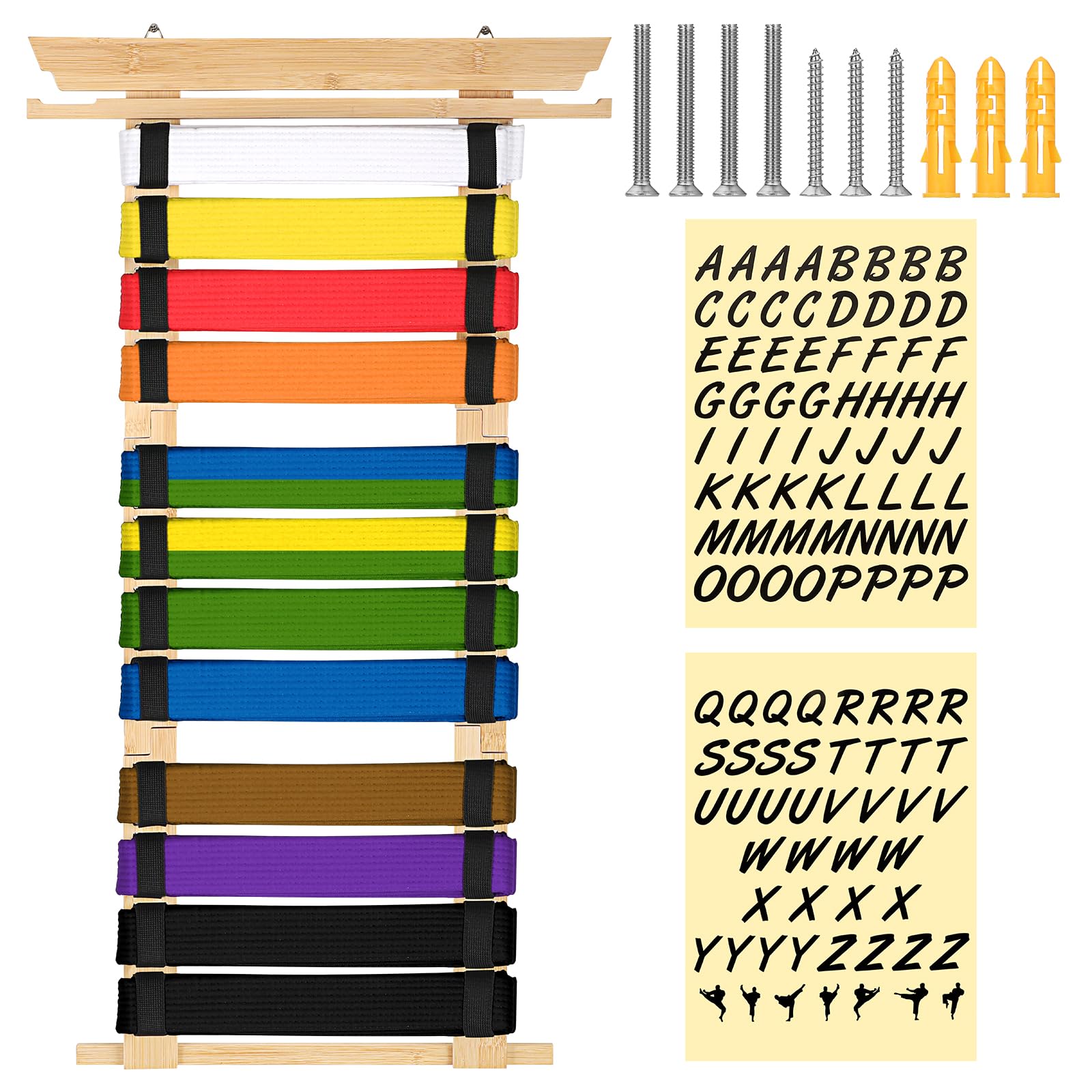 SUMNACON Soporte para cinturón de artes marciales para 12 cinturones de bambú, desmontable, soporte para cinturón de taekwondo, cinturón de montaje en pared, para medalla, cinturón de judo karate