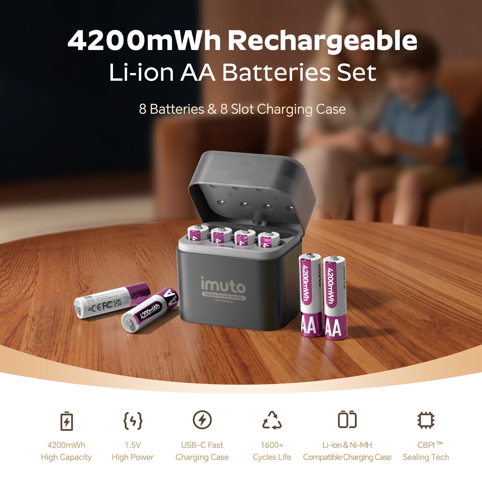 Juego de 8 pilas AA de litio de 1,5 V, recargables con cargador, 4200 mWh