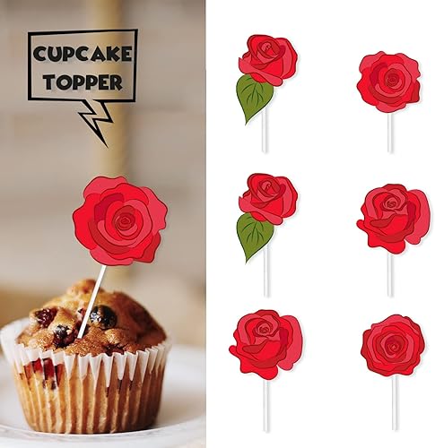 Miniatura 4 de 18 piezas de decoración de postre de rosas rojas para decoración de postre para el día de San Valentín, boda, aniversario, despedida de soltera,