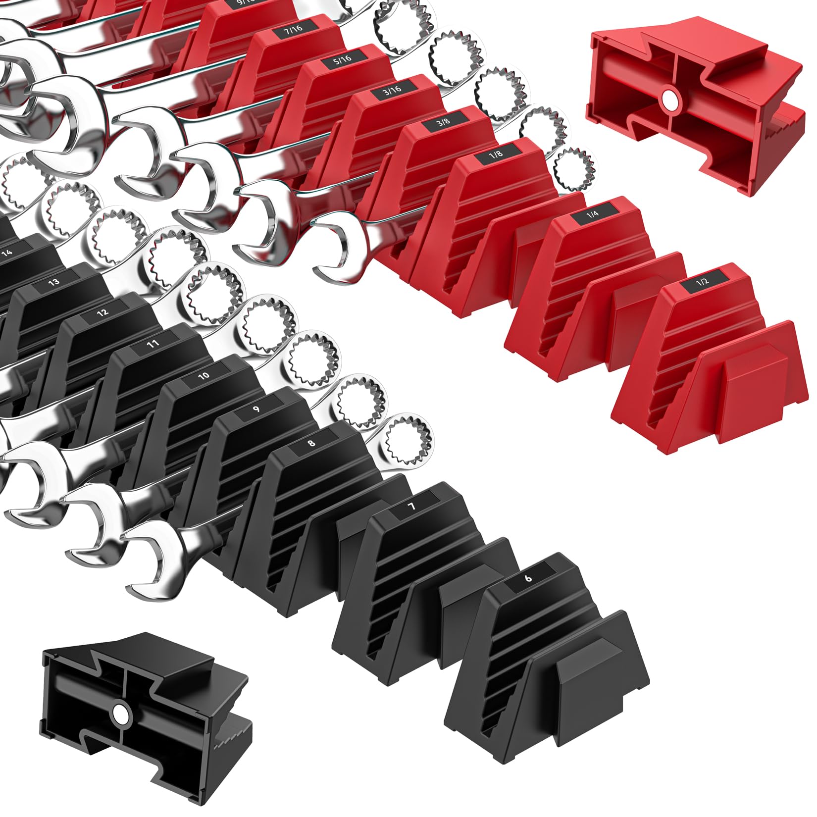 Pinoze Black/Red 48Pcs Magnetic Modular Wrench Organizers For Tool Drawers - & - Wrench Rack With Metric & Sae Labels, Customizable Magnet Tool Storage Holder For Tool Box Organization