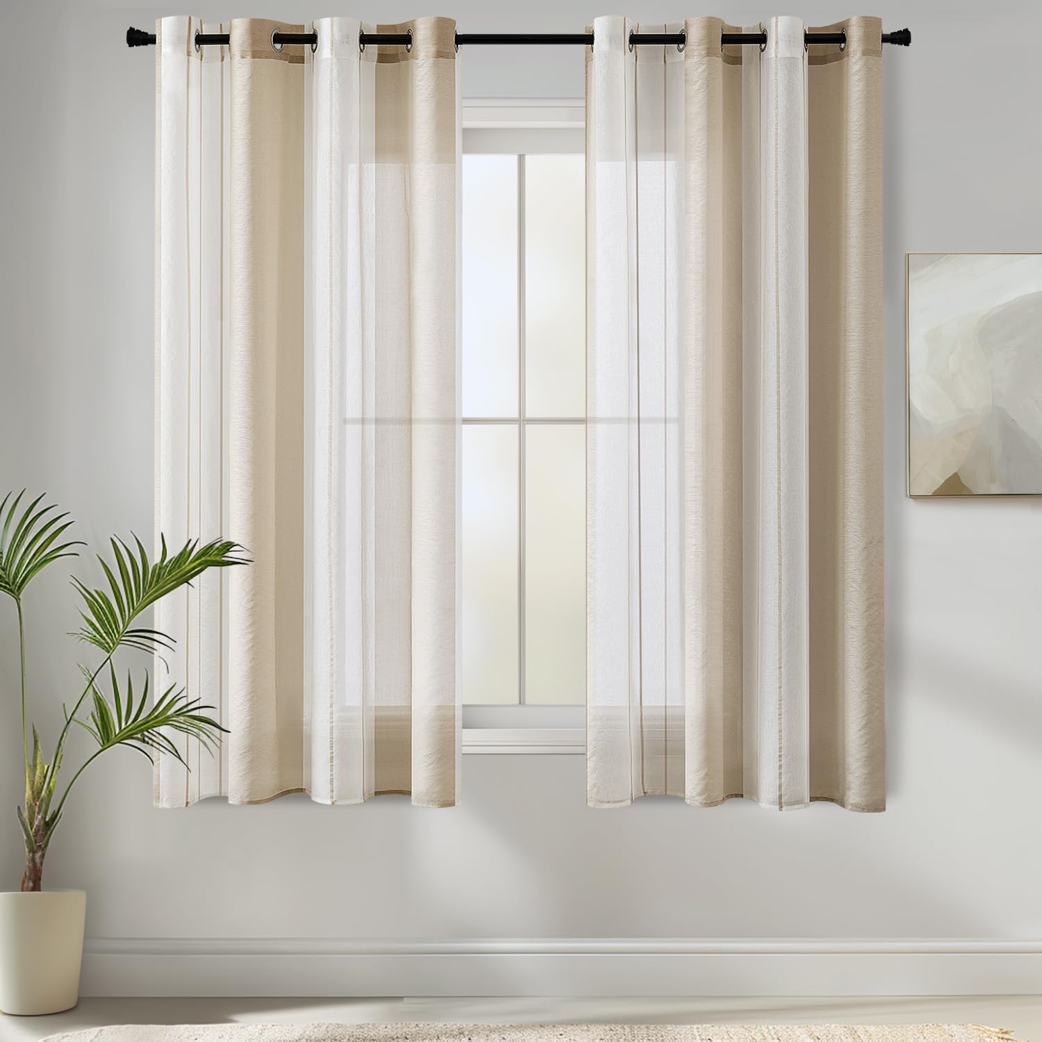MIULEE Cortinas Salon Modernas con Rayas Blanco y Beige, Bonitas Cortinas Dormitorio Juvenil con Ojales, Translucidas Visillos para Ventanas Habitacion, Visillos Salón 2 Piezas, 2X A140xL137CM
