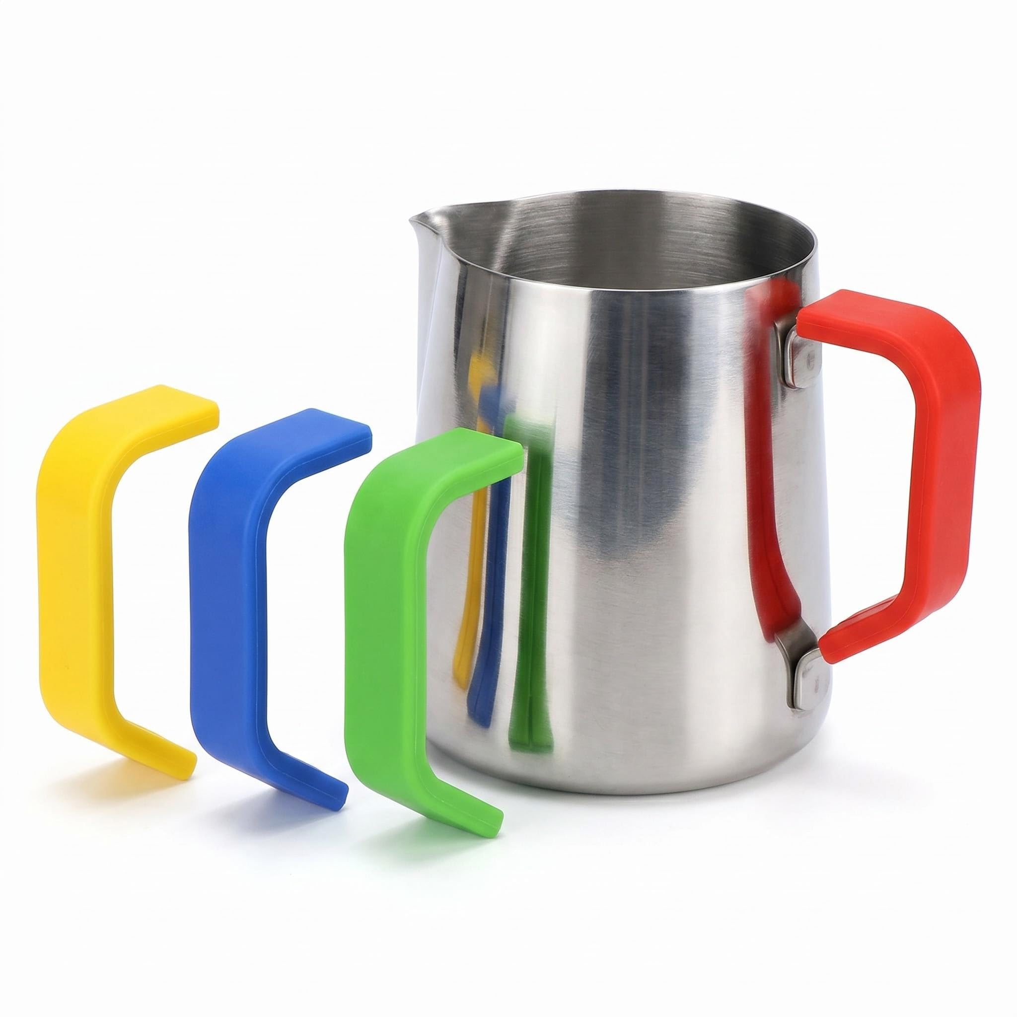 4 Pack Silicone Sleeves for Milk Frothing Jugs, Heat Resistant Handle Covers for Barista Milk Jug, Color-Coded Sleeves for Oat Milk Barista, Non-Slip Grips (Yellow, Blue, Green, Red)