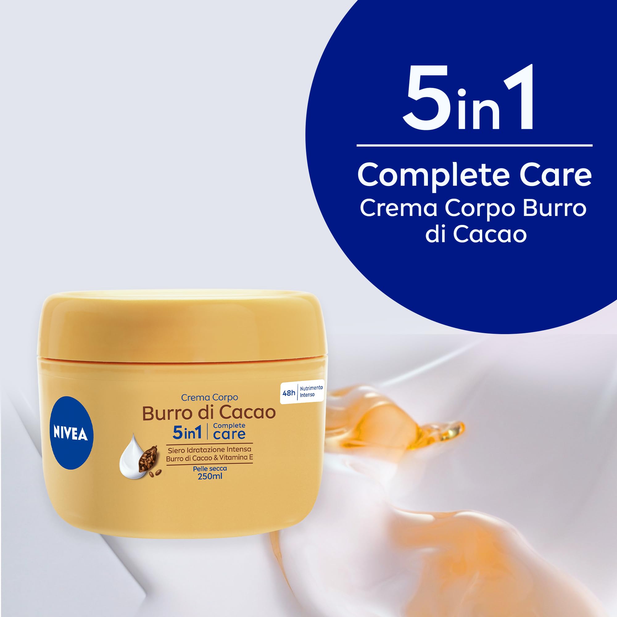 NIVEA Crema Corpo Burro di Cacao 250ml, Crema corpo idratante 48 ore per pelle secca arricchita con Siero Idratazione Intensa, Burro di Cacao & Vitamina E