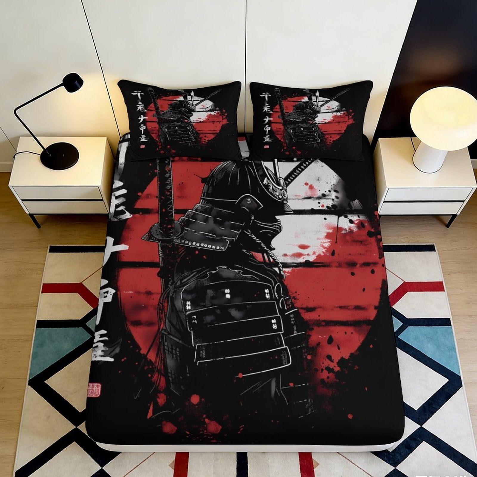 Jqzkxnhpbr Style-10 3D Printed Samurai Warrior Fitted Sheet Microfiber Soft Black Red Japanese Art Mattress Cover For Bedroom Guest Room Decor 90X200x25cm
