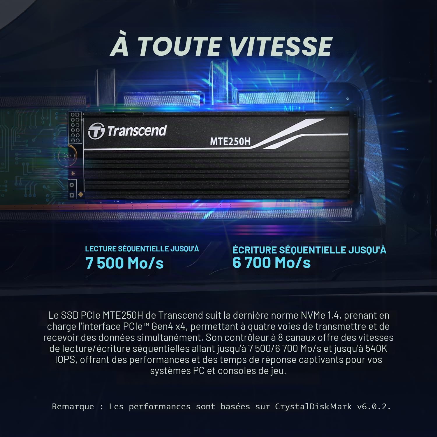 Transcend 1To MTE250H PCIe 4.0 M.2 2280 SSD, 7200 Mo/s, avec dissipateur