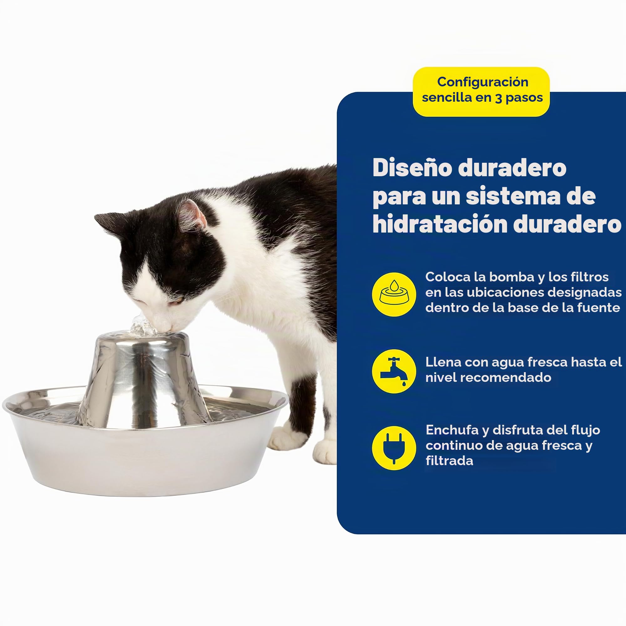 PetSafe Seaside Pet Waterfontein, Capacidad de Agua de 1,8 l, Fuente de Acero Inoxidable para Gatos, Ayuda a prevenir el acné en Las Mascotas, Material Resistente a los arañazos y la oxidación