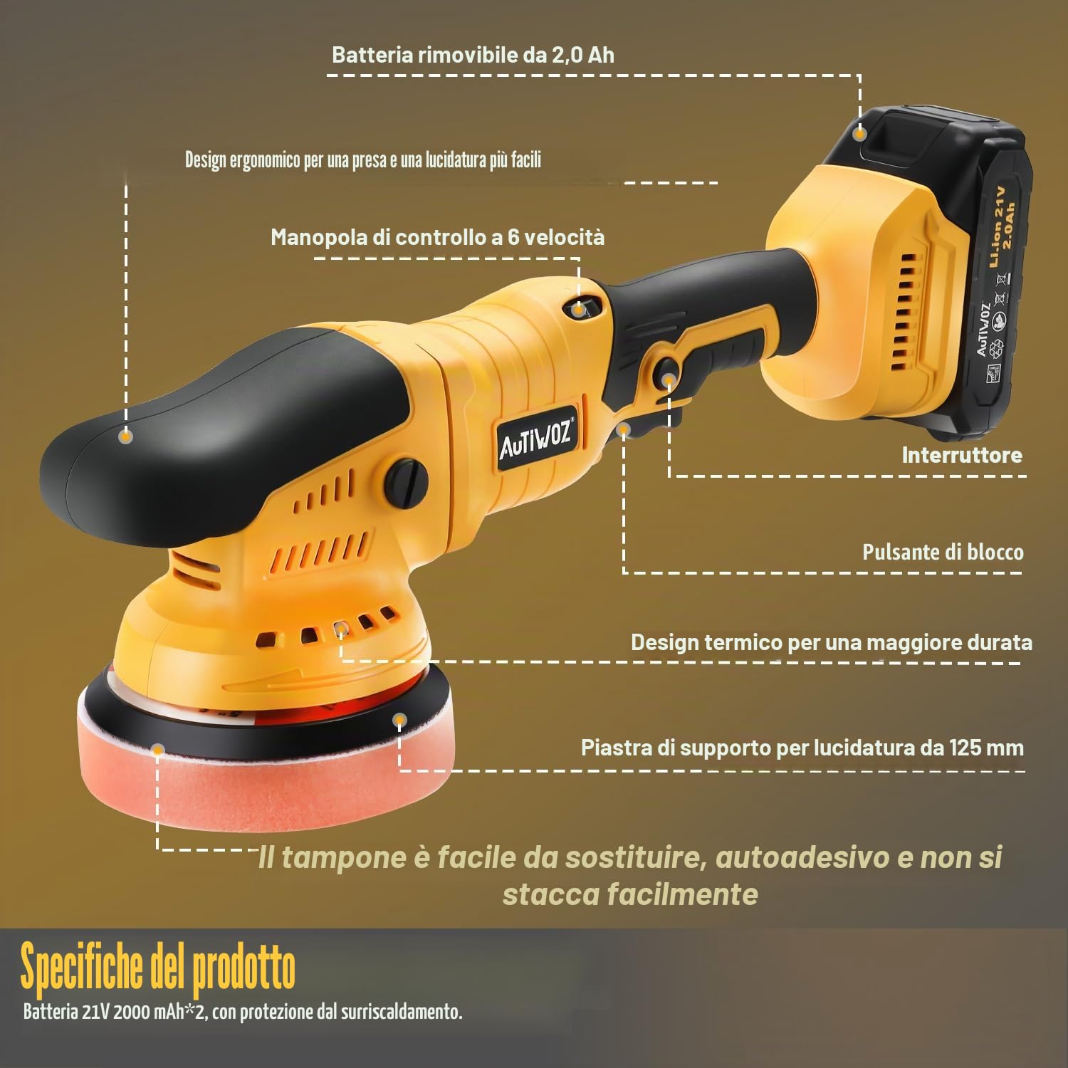 AUTIWOZ Lucidatrice Batteria 21V,Levigatrice Orbitale 9mm/Lucidatrice Senza Fili,Lucidatrice Professionale per Auto,2800-5800RPM,Lucidatura e Levigatura,2 Batterie,Spugna per Lucidatura 125mm